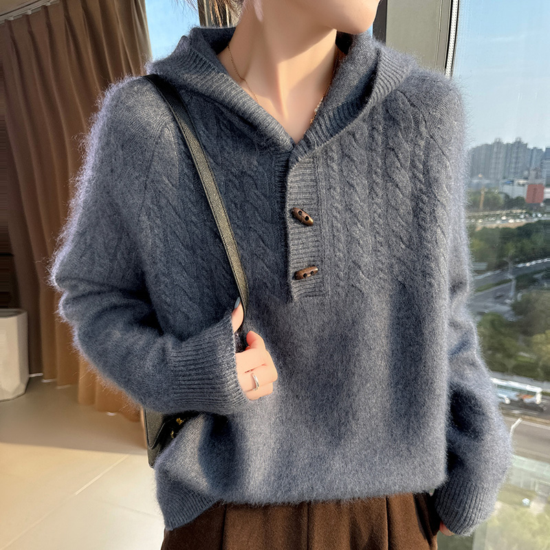 Wool Coat Peacoat - 100% suéter con capucha de punto